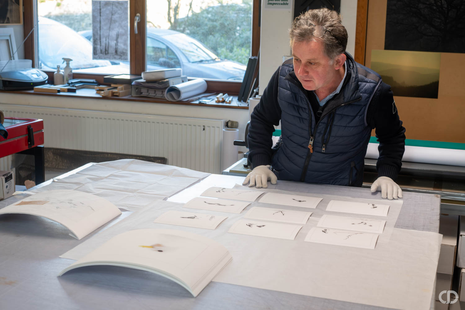 Artiste analysant les impressions de son oeuvre chez Claire Deprez